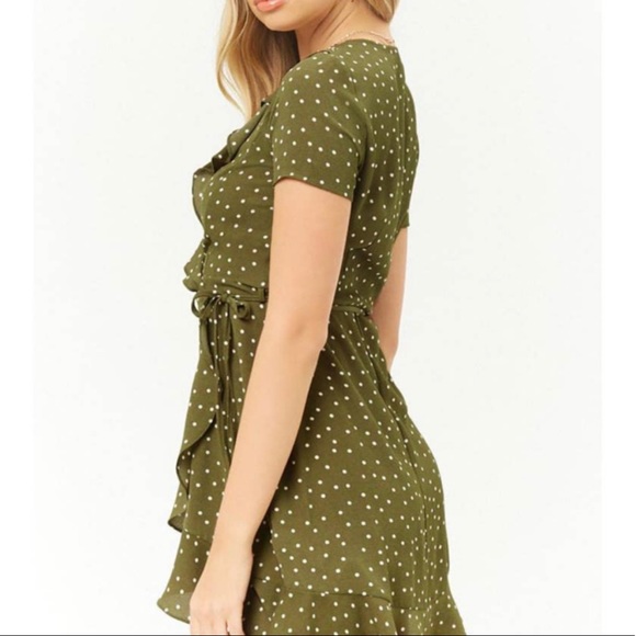 Forever 21 Olive Polka Dot Wrap Mini Dress - Picture 2 of 12